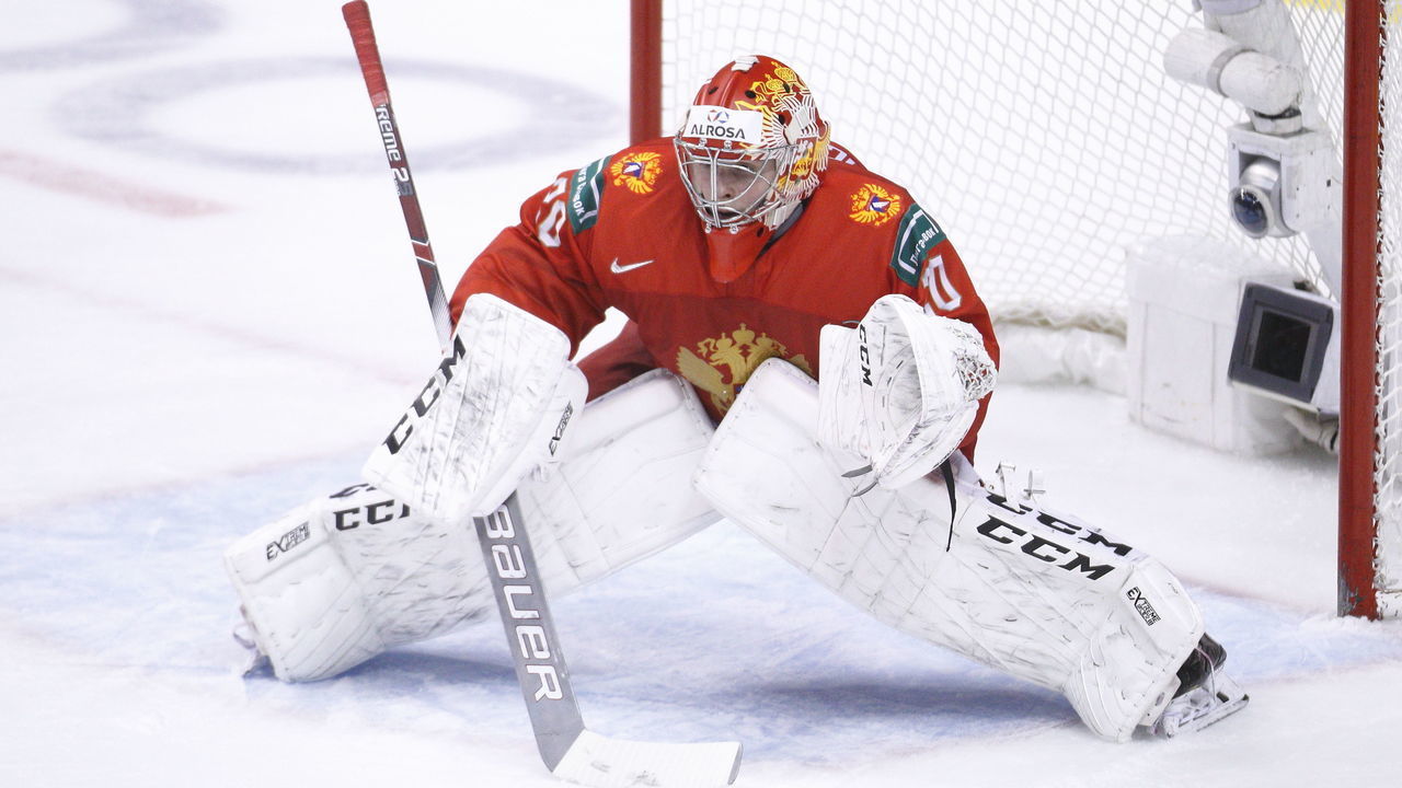 VANCOUVER , BC - JANUARY 4: Goaltender Pyotr Kochetkov #20 of Russia of Russia crouches in the crease against the United States during a semi-final game at the IIHF World Junior Championships at Rogers Arena on January 4, 2019 in Vancouver, British Columbia, Canada.