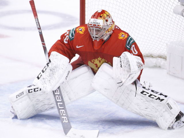VANCOUVER , BC - JANUARY 4: Goaltender Pyotr Kochetkov #20 of Russia of Russia crouches in the crease against the United States during a semi-final game at the IIHF World Junior Championships at Rogers Arena on January 4, 2019 in Vancouver, British Columbia, Canada.