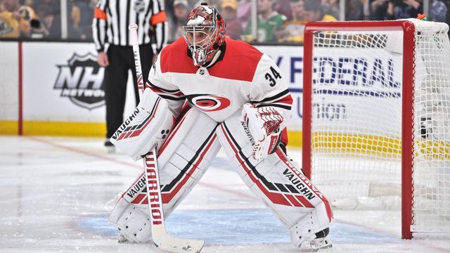 BOSTON, MA - MAY 09: Carolina Hurricanes goaltender Petr Mrazek (34) keeps a close eye on the puck as it enter his zone. During Game 1 of the Eastern Conference Finals featuring the Carolina Hurricanes against the Boston Bruins on May 09, 2019 at TD Garden in Boston, MA.