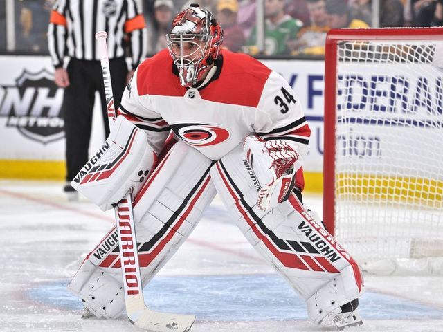 BOSTON, MA - MAY 09: Carolina Hurricanes goaltender Petr Mrazek (34) keeps a close eye on the puck as it enter his zone. During Game 1 of the Eastern Conference Finals featuring the Carolina Hurricanes against the Boston Bruins on May 09, 2019 at TD Garden in Boston, MA.