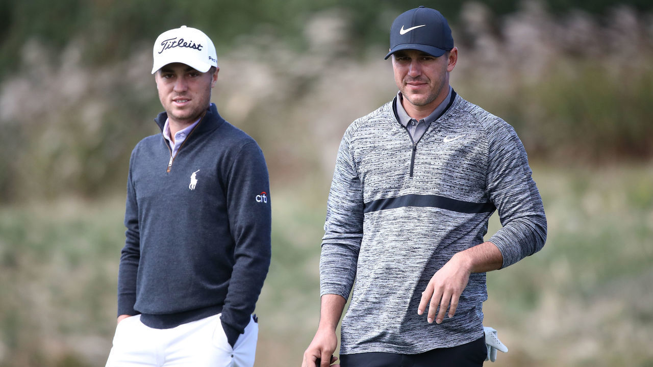 JEJU, SOUTH KOREA - OCTOBER 19: Brooks Koepka of United States talks with Justin Thomas of United States on the 15th hole during the second round of the CJ Cup at the Nine Bridges on October 19, 2018 in Jeju, South Korea.