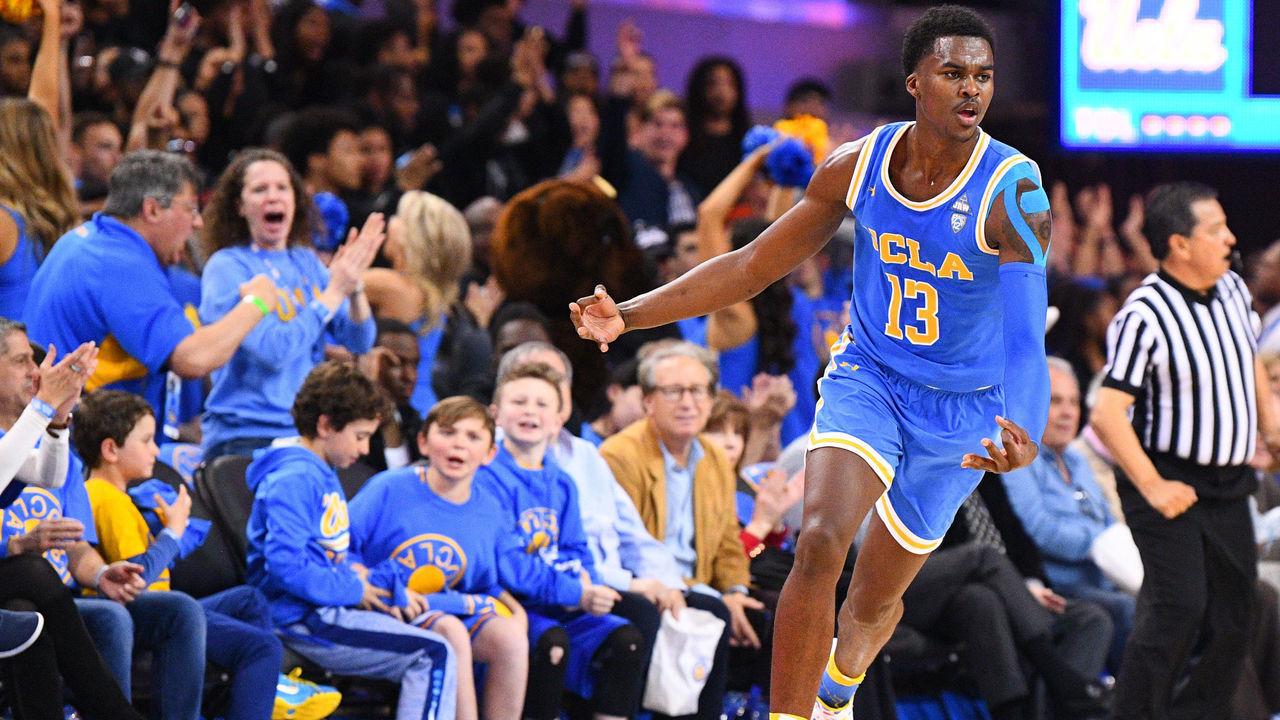 LOS ANGELES, CA - FEBRUARY 28: UCLA guard Kris Wilkes (13) celebrates a three pointer during the game between the USC Trojans and the UCLA Bruins on February 28, 2019, at Pauley Pavilion in Los Angeles, CA.