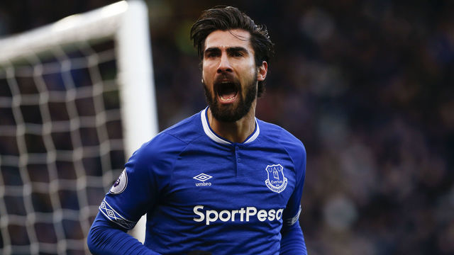 2nd February 2019, Goodison Park, Liverpool, England; EPL Premier League Football, Everton versus Wolverhampton Wanderers; Andre Gomes of Everton celebrates after he scores his side's first goal with a shot after 27 minutes to make the score 1-1