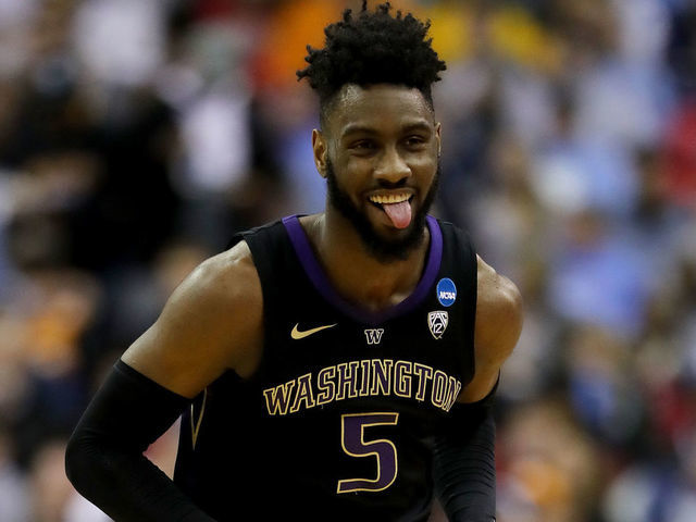 COLUMBUS, OHIO - MARCH 24: Jaylen Nowell #5 of the Washington Huskies celebrates after a three point basket against the North Carolina Tar Heels during their game in the Second Round of the NCAA Basketball Tournament at Nationwide Arena on March 24, 2019 in Columbus, Ohio.