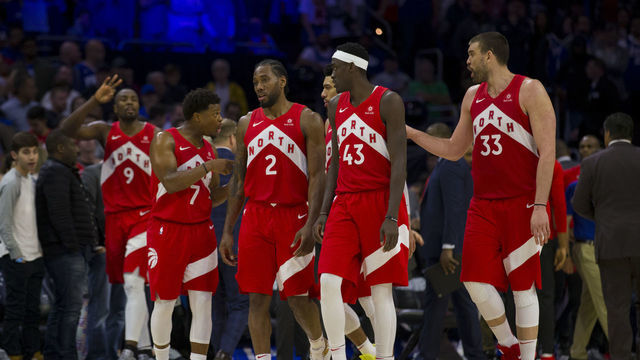 PHILADELPHIA, PA - MAY 05: Serge Ibaka #9, Kyle Lowry #7, Kawhi Leonard #2, Pascal Siakam #43, and Marc Gasol #33 of the Toronto Raptors in action against the Philadelphia 76ers in Game Four of the Eastern Conference Semifinals at the Wells Fargo Center on May 5, 2019 in Philadelphia, Pennsylvania. The Raptors defeated the 76ers 101-96.