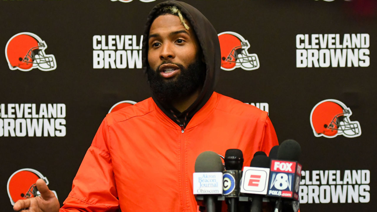 BEREA, OH - JUNE 5, 2019: Wide receiver Odell Beckham Jr.#13 of the Cleveland Browns speaks during a press conference after a mandatory mini camp practice on June 5, 2019 at the Cleveland Browns training facility in Berea, Ohio. (Photo by: 2019 Nick Cammett/Diamond Images/Getty Images)