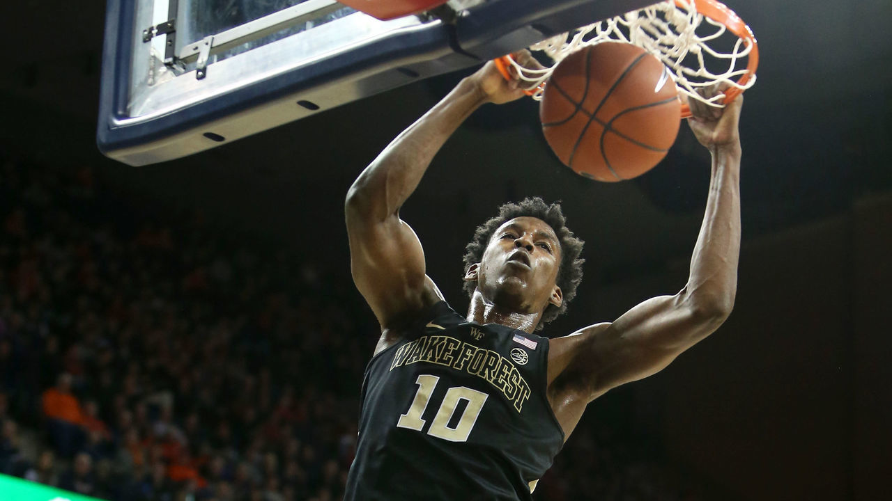 CHARLOTTESVILLE, VA - JANUARY 22: Jaylen Hoard #10 of the Wake Forest Demon Deacons dunks in the first half during a game against the Virginia Cavaliers at John Paul Jones Arena on January 22, 2019 in Charlottesville, Virginia.