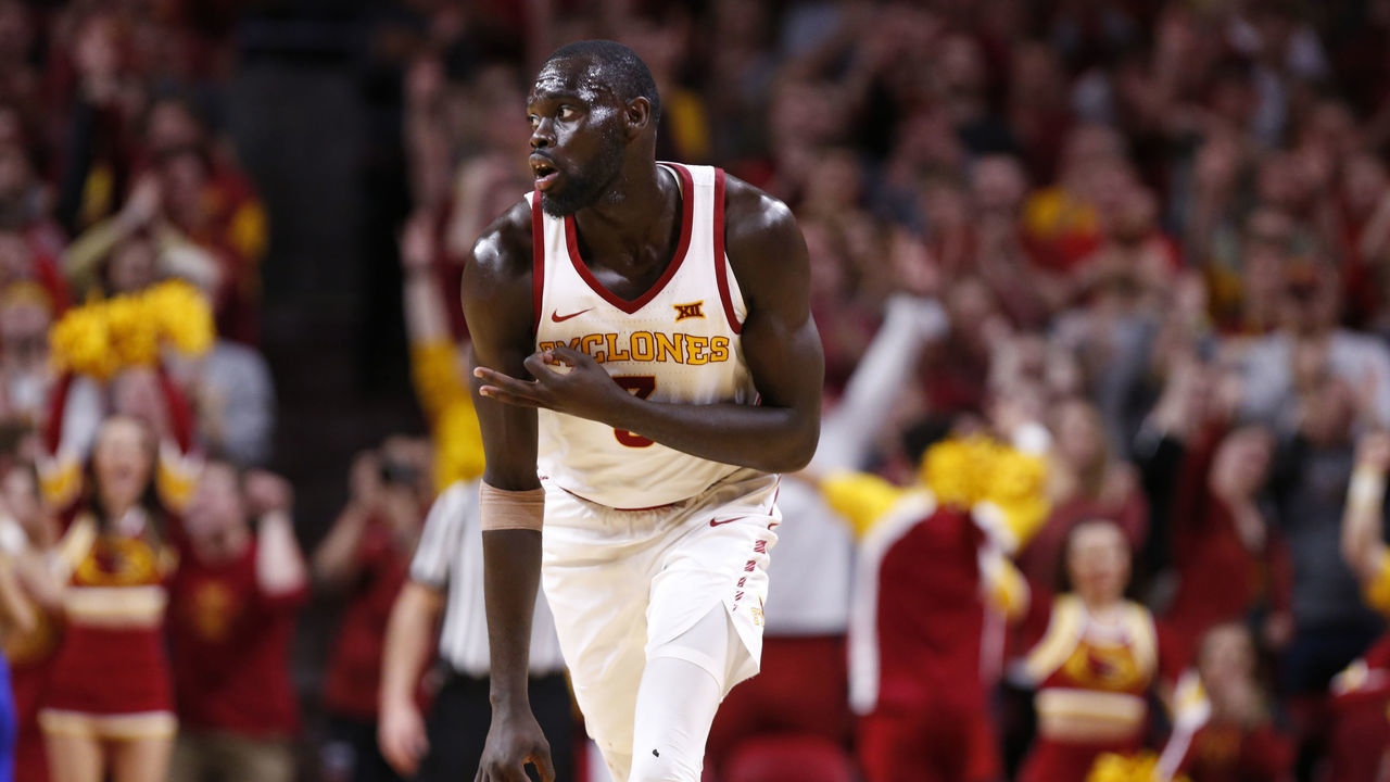 AMES, IA - JANUARY 5: Marial Shayok #3 of the Iowa State Cyclones signals 3 points after sinking a three point basket in the second half of play against the Kansas Jayhawks at Hilton Coliseum on January 5, 2019 in Ames, Iowa. Marial Shayok #3 of the Iowa State Cyclones scored 24 points and helped the Iowa State Cyclones win 77-60 over the Kansas Jayhawks.