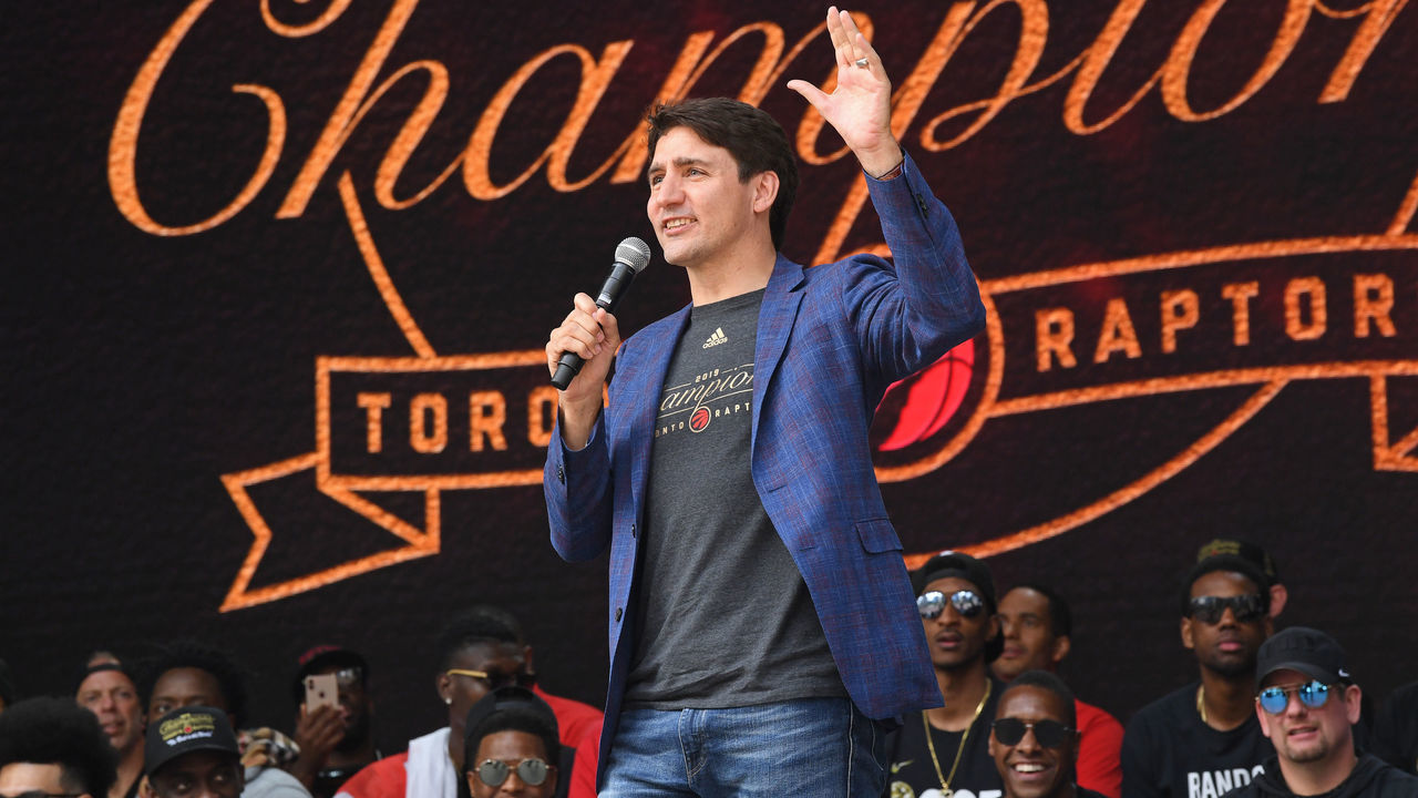 TORONTO, ON - JUNE 17: Canadian Prime Minister Justin Trudeau addresses the crowd during the Toronto Raptors Championship Victory Parade on June 17, 2019 in Toronto, Ontario. NOTE TO USER: User expressly acknowledges and agrees that, by downloading and/or using this photograph, user is consenting to the terms and conditions of Getty Images License Agreement. Mandatory Copyright Notice: Copyright 2019 NBAE