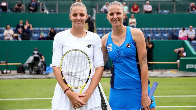 BIRMINGHAM, ENGLAND - JUNE 19: Karolina Pliskova of the Czech Republic (R) and twin sister Kristyna Pliskova of the Czech Republic (L) pose for a photo ahead of their second round match during day three of the Nature Valley Classic at Edgbaston Priory Club on June 19, 2019 in Birmingham, United Kingdom.