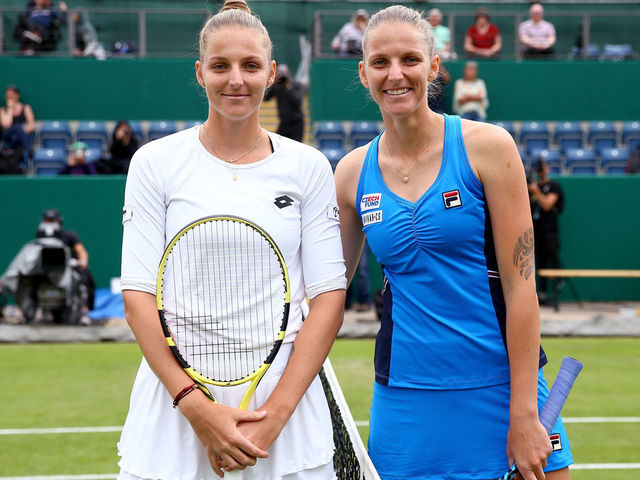 BIRMINGHAM, ENGLAND - JUNE 19: Karolina Pliskova of the Czech Republic (R) and twin sister Kristyna Pliskova of the Czech Republic (L) pose for a photo ahead of their second round match during day three of the Nature Valley Classic at Edgbaston Priory Club on June 19, 2019 in Birmingham, United Kingdom.