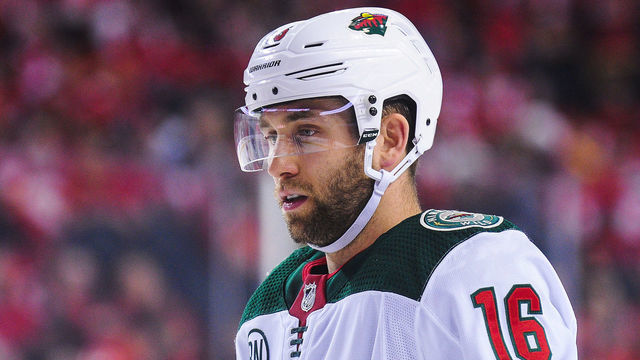 CALGARY, AB - MARCH 2: Jason Zucker #16 of the Minnesota Wild in action against the Calgary Flames during an NHL game at Scotiabank Saddledome on March 2, 2019 in Calgary, Alberta, Canada.