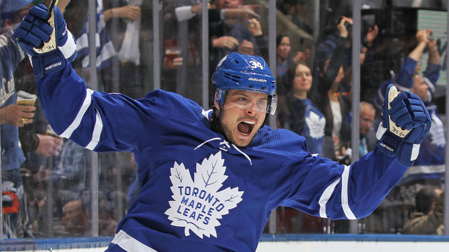 TORONTO, ON - APRIL 17: Auston Matthews #34 of the Toronto Maple Leafs celebrates his 1st of two goals against the Boston Bruins in Game Four of the Eastern Conference First Round during the 2019 NHL Stanley Cup Playoffs at Scotiabank Arena on April 17, 2019 in Toronto, Ontario, Canada. The Bruins defeated the Maple Leafs 6-4.