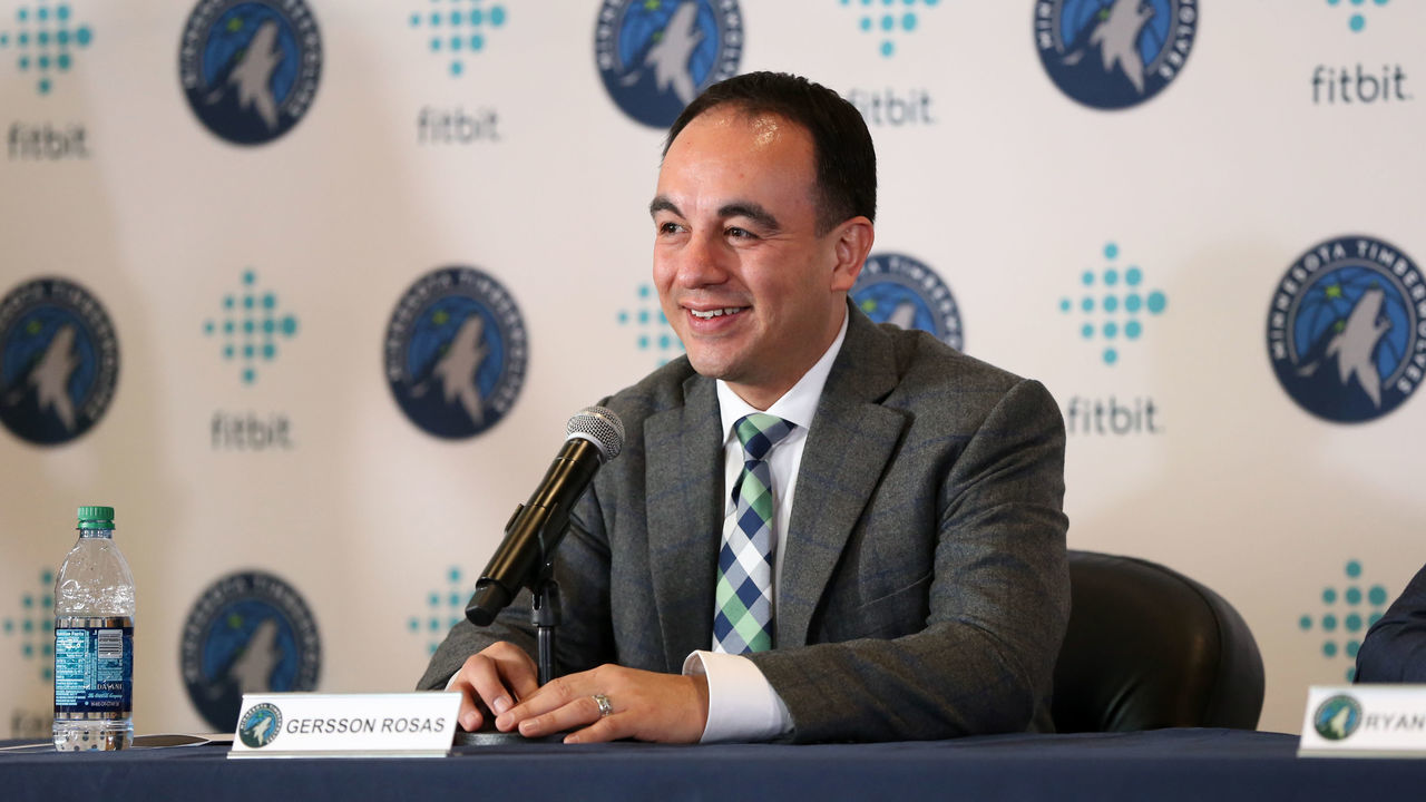 MINNEAPOLIS, MN - MAY 21: President of Basketball Operations Gersson Rosas of the Minnesota Timberwolves introduces Ryan Saunders as the new head coach during a press conference on May 21, 2019 at Target Center in Minneapolis, Minnesota. NOTE TO USER: User expressly acknowledges and agrees that, by downloading and/or using this photograph, user is consenting to the terms and conditions of the Getty Images License Agreement. Mandatory Copyright Notice: Copyright 2019 NBAE