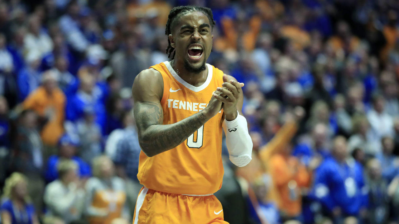 NASHVILLE, TENNESSEE - MARCH 16: Jordan Bone #0 of the Tennessee Volunteers celebrates during the 82-78 win over the Kentucky Wildcats during the semifinals of the SEC Basketball Tournament at Bridgestone Arena on March 16, 2019 in Nashville, Tennessee.
