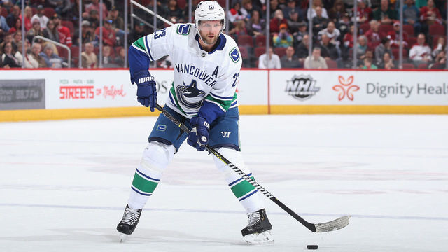 GLENDALE, ARIZONA - FEBRUARY 28: Alexander Edler #23 of the Vancouver Canucks skates with the puck during the third period of the NHL game against the Arizona Coyotes at Gila River Arena on February 28, 2019 in Glendale, Arizona. The Coyotes defeated the Canucks 5-2.