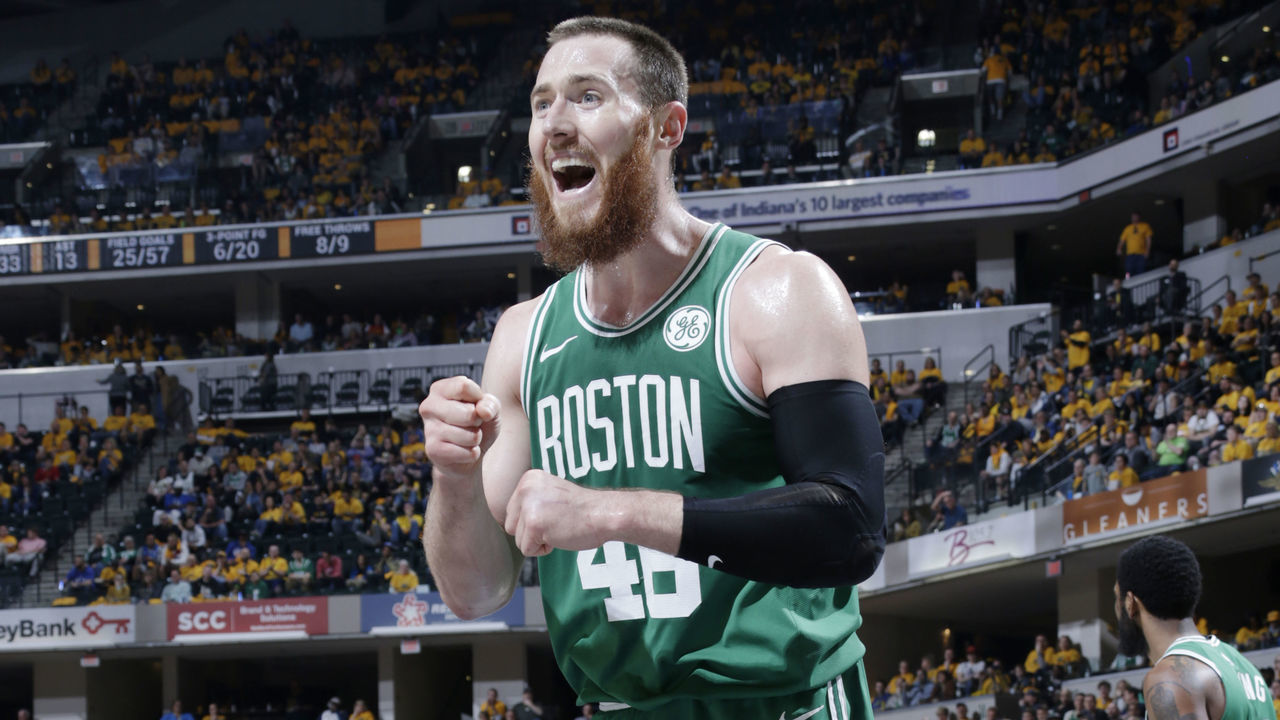 INDIANAPOLIS, IN - APRIL 21: Aron Baynes #46 of the Boston Celtics reacts during the game against the Indiana Pacers during Game Four of Round One of the 2019 NBA Playoffs on April 21, 2019 at Bankers Life Fieldhouse in Indianapolis, Indiana. Mandatory Copyright Notice: Copyright 2019 NBAE