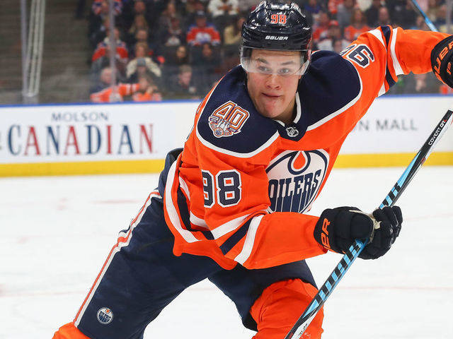 EDMONTON, AB - DECEMBER 27: Edmonton Oilers Right Wing Jesse Puljujarvi (98) skates to the puck in the first period during the Edmonton Oilers game versus the Vancouver Canucks on December 27, 2018 at Rogers Place in Edmonton, AB.