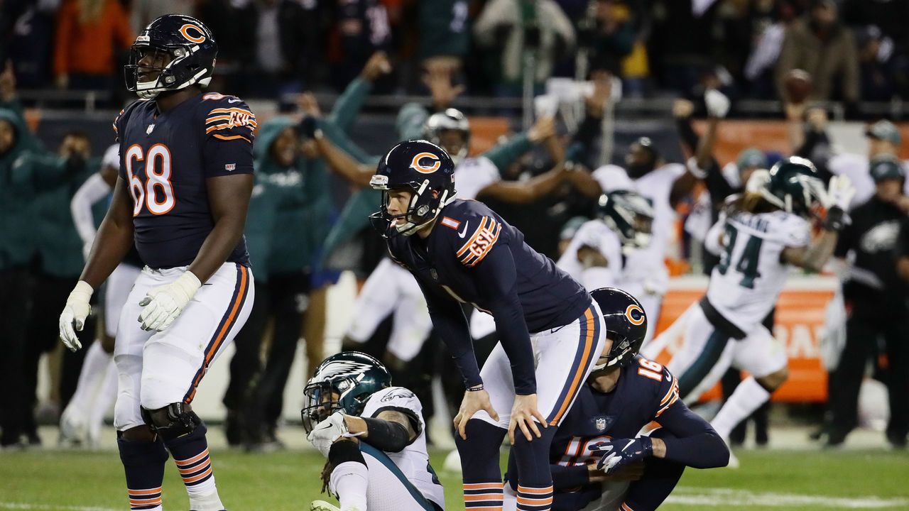 CHICAGO, ILLINOIS - JANUARY 06: Cody Parkey #1 of the Chicago Bears reacts after missing a field goal attempt in the final moments of their 15 to 16 loss to the Philadelphia Eagles in the NFC Wild Card Playoff game at Soldier Field on January 06, 2019 in Chicago, Illinois.