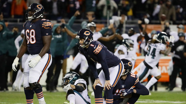 CHICAGO, ILLINOIS - JANUARY 06: Cody Parkey #1 of the Chicago Bears reacts after missing a field goal attempt in the final moments of their 15 to 16 loss to the Philadelphia Eagles in the NFC Wild Card Playoff game at Soldier Field on January 06, 2019 in Chicago, Illinois.