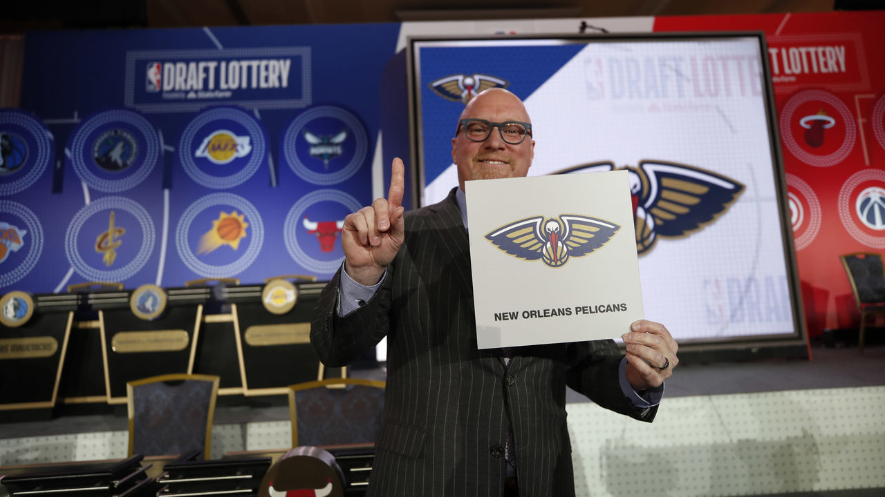 CHICAGO, IL - MAY 14: David Griffin of the New Orleans Pelicans holds the card for the number one overall pick at the 2019 NBA Draft Lottery on May 14, 2019 at the Chicago Hilton in Chicago, Illinois. NOTE TO USER: User expressly acknowledges and agrees that, by downloading and/or using this photograph, user is consenting to the terms and conditions of the Getty Images License Agreement. Mandatory Copyright Notice: Copyright 2019 NBAE
