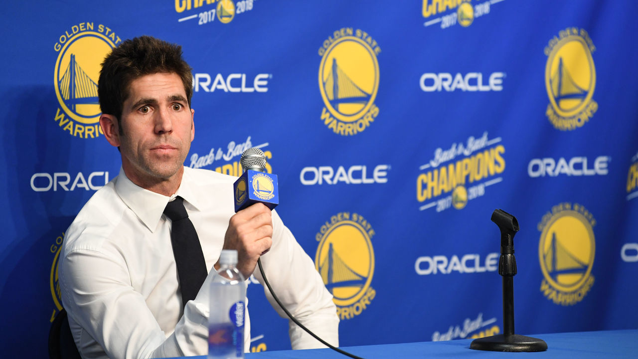 OAKLAND, CA - NOVEMBER 13: Bob Myers of the Golden State Warriors speaks with the media before the game against the Atlanta Hawks on November 13, 2018 at ORACLE Arena in Oakland, California. NOTE TO USER: User expressly acknowledges and agrees that, by downloading and or using this photograph, user is consenting to the terms and conditions of Getty Images License Agreement. Mandatory Copyright Notice: Copyright 2018 NBAE