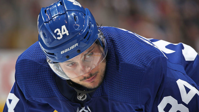 TORONTO, ON - FEBRUARY 23: Auston Matthews #34 of the Toronto Maple Leafs waits for a puck drop against the Montreal Canadiens in an NHL game at Scotiabank Arena on February 23, 2019 in Toronto, Ontario, Canada. The Maple Leafs defeated the Canadiens 6-3.