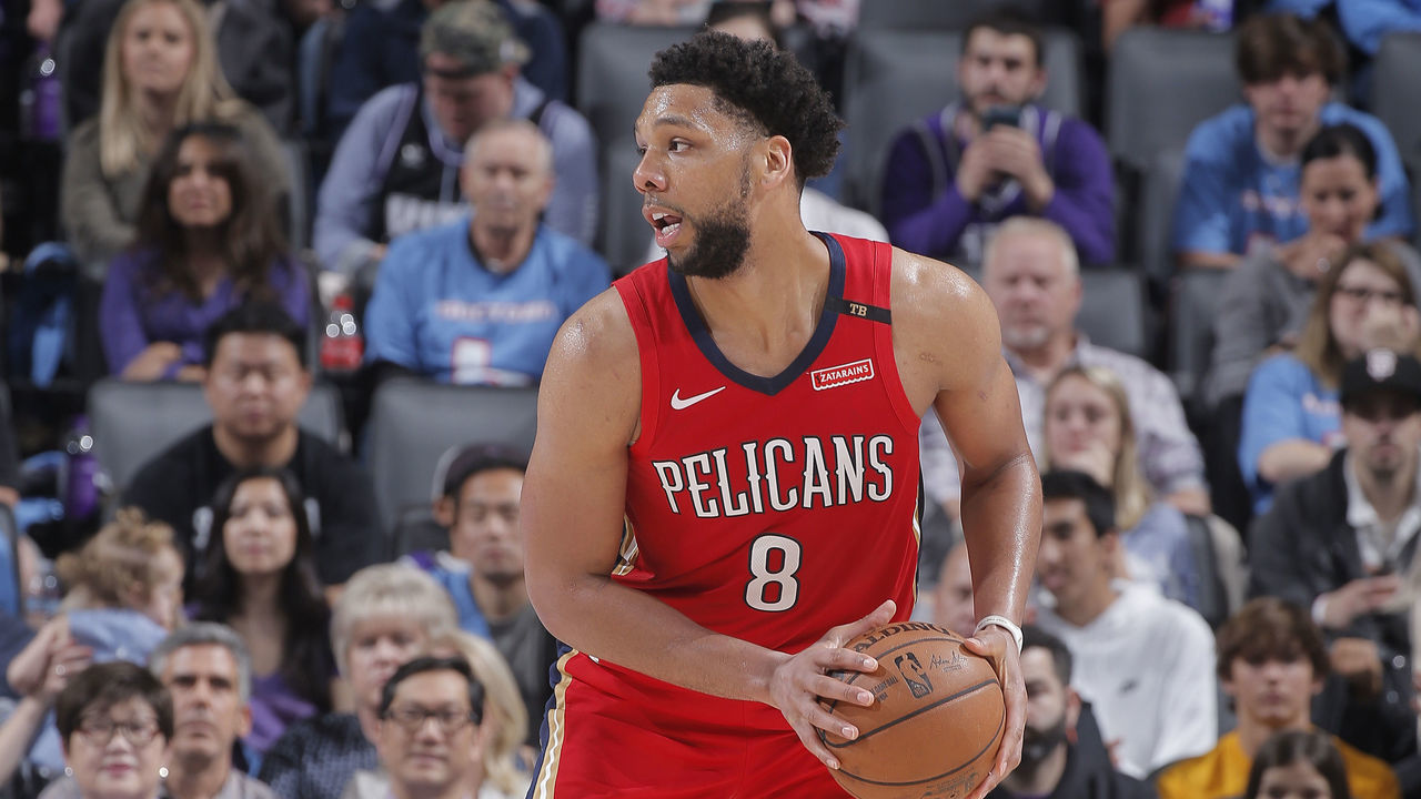 SACRAMENTO, CA - APRIL 7: Jahlil Okafor #8 of the New Orleans Pelicans handles the ball against the Sacramento Kings on April 7, 2019 at Golden 1 Center in Sacramento, California. NOTE TO USER: User expressly acknowledges and agrees that, by downloading and or using this photograph, User is consenting to the terms and conditions of the Getty Images Agreement. Mandatory Copyright Notice: Copyright 2019 NBAE