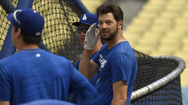 LOS ANGELES, CA - MAY 06: Pitcher Rich Hill #44 of the Los Angeles Dodgers during batting practice before the start of a baseball game against the Atlanta Braves at Dodger Stadium on May 6, 2019 in Los Angeles, California.