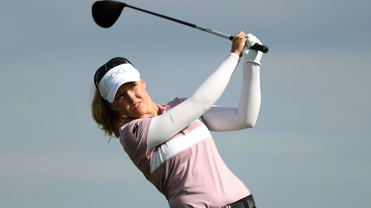 CHASKA, MINNESOTA - JUNE 20: Brooke Henderson of Canada hits her tee shot on the 11th hole during the first round of the KPMG PGA Championship at Hazeltine National Golf Club on June 20, 2019 in Chaska, Minnesota.