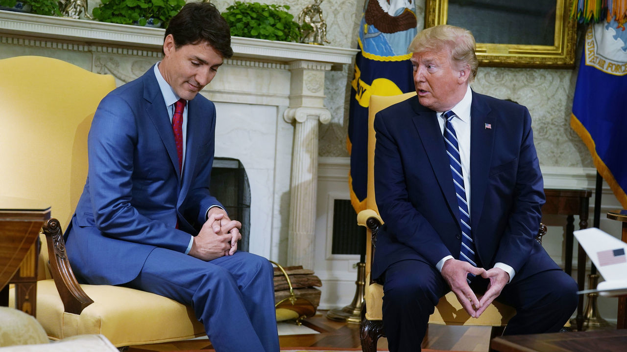 WASHINGTON, DC - JUNE 20: U.S. President Donald Trump meets with Canadian Prime Minister Justin Trudeau in the Oval Office of the White House June 20, 2019 in Washington, DC. The two leaders were expected to discuss the trade agreement between the U.S., Canada and Mexico.