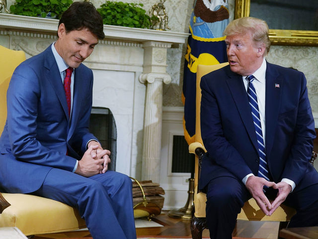 WASHINGTON, DC - JUNE 20: U.S. President Donald Trump meets with Canadian Prime Minister Justin Trudeau in the Oval Office of the White House June 20, 2019 in Washington, DC. The two leaders were expected to discuss the trade agreement between the U.S., Canada and Mexico.