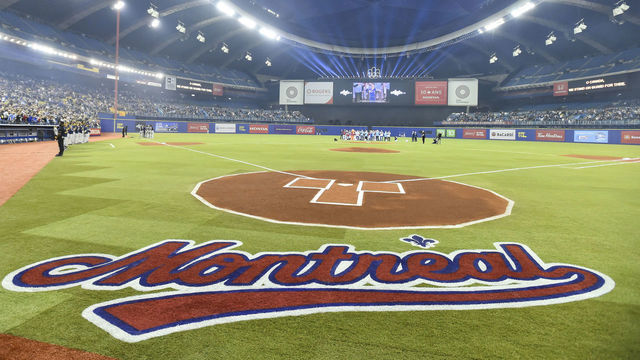 MONTREAL, QC - MARCH 25: A view from behind home plate ahead of MLB spring training between the Toronto Blue Jays and the Milwaukee Brewers at Olympic Stadium on March 25, 2019 in Montreal, Quebec, Canada. The Milwaukee Brewers defeated the Toronto Blue Jays 10-5.