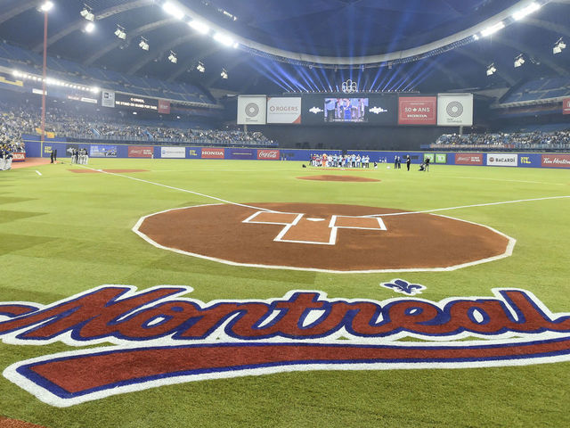 MONTREAL, QC - MARCH 25: A view from behind home plate ahead of MLB spring training between the Toronto Blue Jays and the Milwaukee Brewers at Olympic Stadium on March 25, 2019 in Montreal, Quebec, Canada. The Milwaukee Brewers defeated the Toronto Blue Jays 10-5.