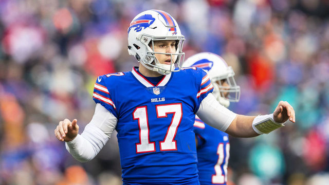 ORCHARD PARK, NY - DECEMBER 30: Josh Allen #17 of the Buffalo Bills motions to teammates between plays during the second quarter against the Miami Dolphins at New Era Field on December 30, 2018 in Orchard Park, New York. Buffalo defeats Miami 42-17.