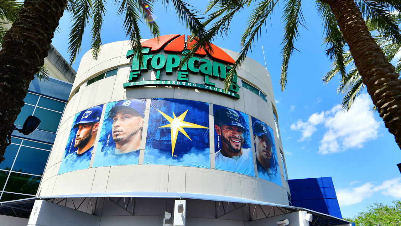 ST PETERSBURG, FLORIDA - MARCH 28: Fans line up outside of Tropicana Field on During Opening Day before a baseball game between the Tampa Bay Rays and the Houston Astros on March 28, 2019 in St Petersburg, Florida.
