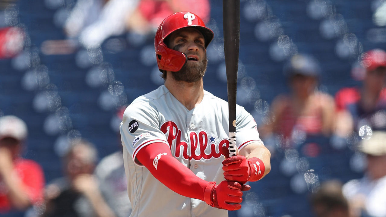 WASHINGTON, DC - JUNE 19: Bryce Harper #3 of the Philadelphia Phillies bats against the Washington Nationals in game one of a double header at Nationals Park on June 19, 2019 in Washington, DC.