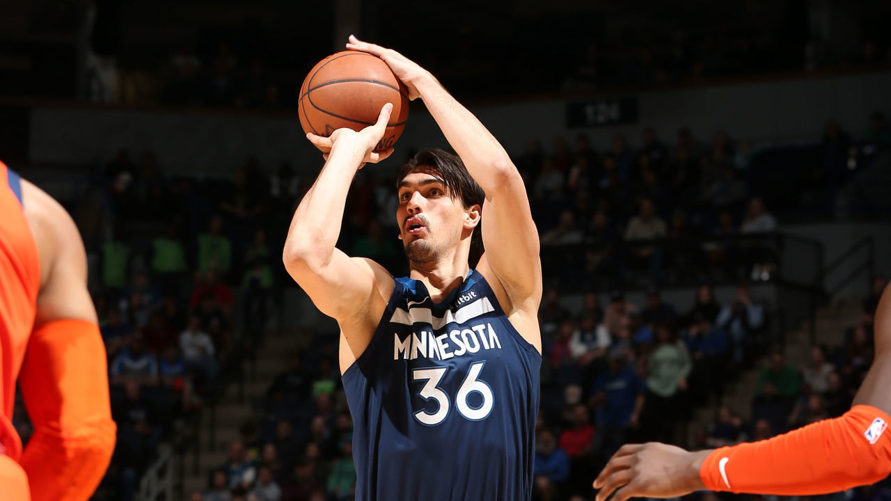 MINNEAPOLIS, MN - APRIL 7: Dario Saric #36 of the Minnesota Timberwolves shoots a three-pointer against the Oklahoma City Thunder on April 7, 2019 at Target Center in Minneapolis, Minnesota. Mandatory Copyright Notice: Copyright 2019 NBAE