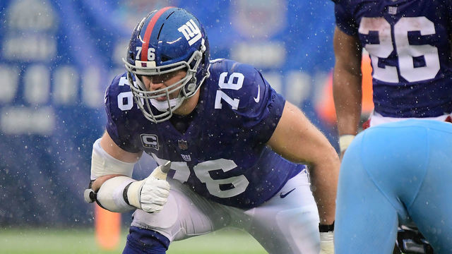 EAST RUTHERFORD, NJ - DECEMBER 16: Nate Solder #76 of the New York Giants in action against the Tennessee Titans at MetLife Stadium on December 16, 2018 in East Rutherford, New Jersey.