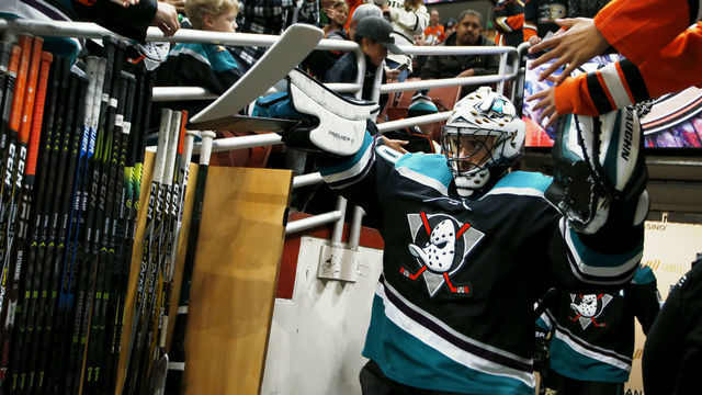 ANAHEIM, CA - APRIL 03: Ryan Miller #30 of the Anaheim Ducks takes the ice for warm-ups prior to the game against the Calgary Flames on April 3, 2019 at Honda Center in Anaheim, California.