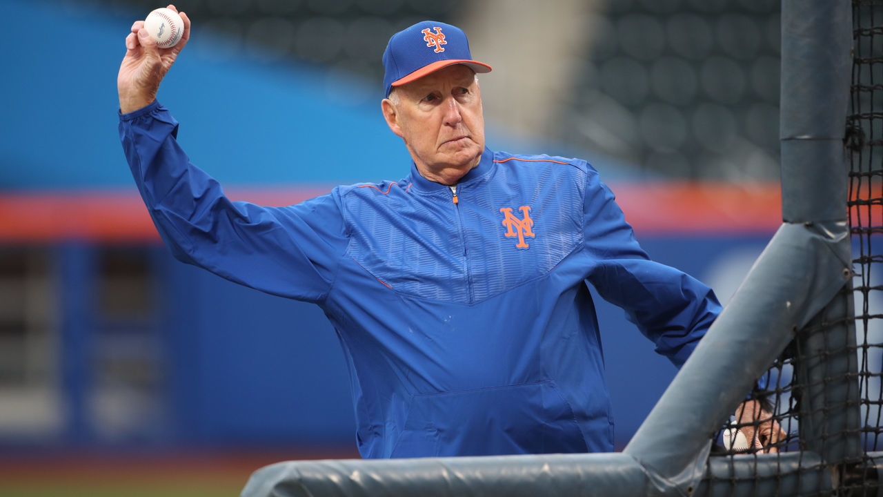 NEW YORK, NEW YORK - April 5: Phil Regan, 80, an assistant minor league pitching coordinator, fulfills a dream throwing batting practice with New York Mets players before a baseball game against the Miami Marlins during the Miami Marlins Vs New York Mets regular season MLB game at Citi Field on April 07, 2017 in New York City.