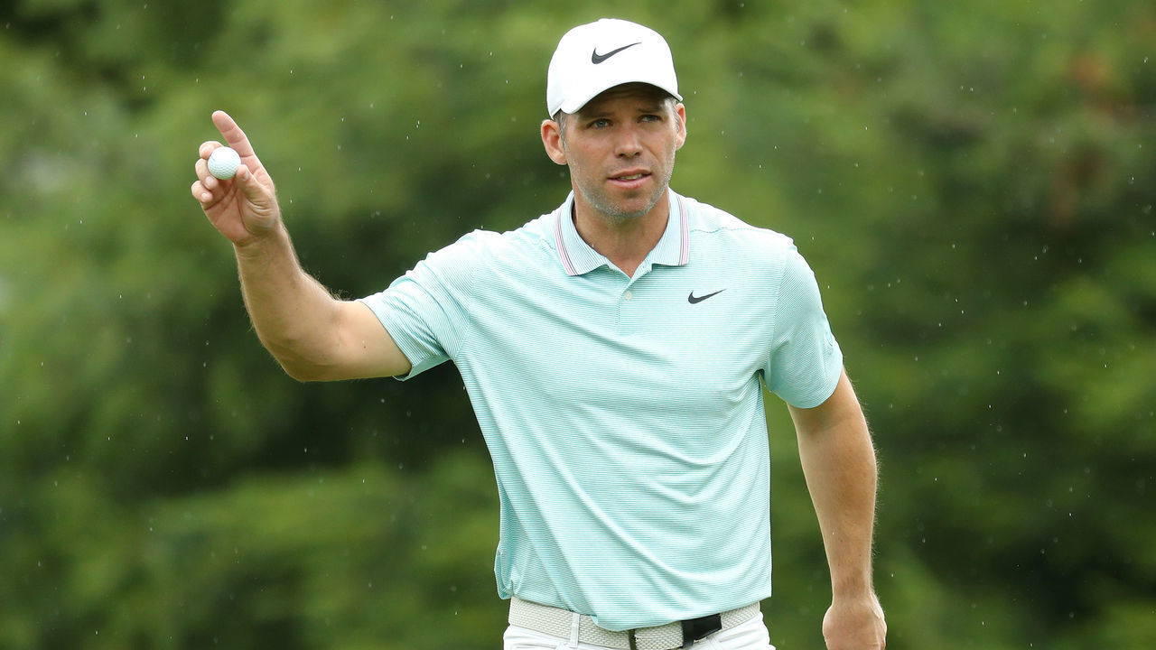 CROMWELL, CONNECTICUT - JUNE 20: Paul Casey of England acknowledges fans on the eighth green during the first round of the Travelers Championship at TPC River Highlands on June 20, 2019 in Cromwell, Connecticut.