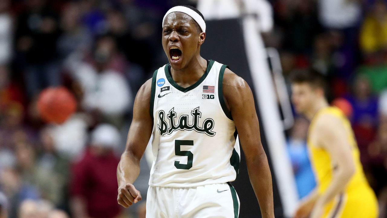 DES MOINES, IOWA - MARCH 23: Cassius Winston #5 of the Michigan State Spartans celebrates a basket against the Minnesota Golden Gophers during the second half in the second round game of the 2019 NCAA Men's Basketball Tournament at Wells Fargo Arena on March 23, 2019 in Des Moines, Iowa.