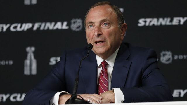 BOSTON, MA - MAY 27: NHL Commissioner Gary Bettman answers a question before Game 1 of the 2019 Stanley Cup Finals between the Boston Bruins and the St. Louis Blues on May 27, 2019, at TD Garden in Boston, Massachusetts.