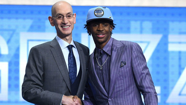 NEW YORK, NEW YORK - JUNE 20: Ja Morant poses with NBA Commissioner Adam Silver after being drafted with the second overall pick by the Memphis Grizzlies during the 2019 NBA Draft at the Barclays Center on June 20, 2019 in the Brooklyn borough of New York City.
