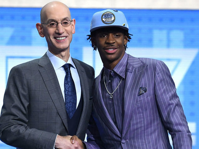 NEW YORK, NEW YORK - JUNE 20: Ja Morant poses with NBA Commissioner Adam Silver after being drafted with the second overall pick by the Memphis Grizzlies during the 2019 NBA Draft at the Barclays Center on June 20, 2019 in the Brooklyn borough of New York City.