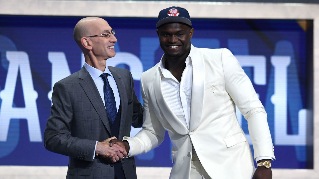 NEW YORK, NEW YORK - JUNE 20: Zion Williamson poses with NBA Commissioner Adam Silver after being drafted with the first overall pick by the New Orleans Pelicans during the 2019 NBA Draft at the Barclays Center on June 20, 2019 in the Brooklyn borough of New York City.