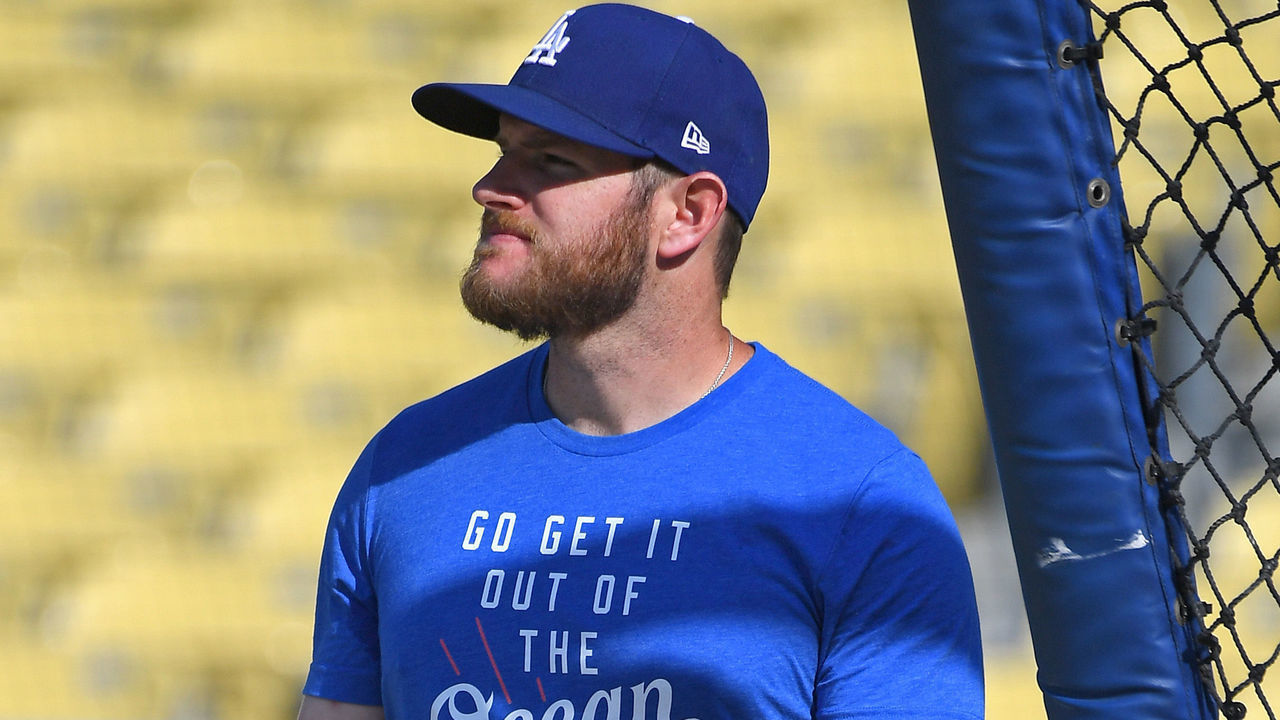 LOS ANGELES, CA - JUNE 14: Max Muncy #13 of the Los Angeles Dodgers during batting practice at Dodger Stadium on June 14, 2019 in Los Angeles, California. Muncy wears a t-shirt commemorating his one liner to pitcher Madison Bumgarner of the San Francisco Giants after hitting a home run into McCovey Cove in a game played June 9, 2019 at Oracle Park.