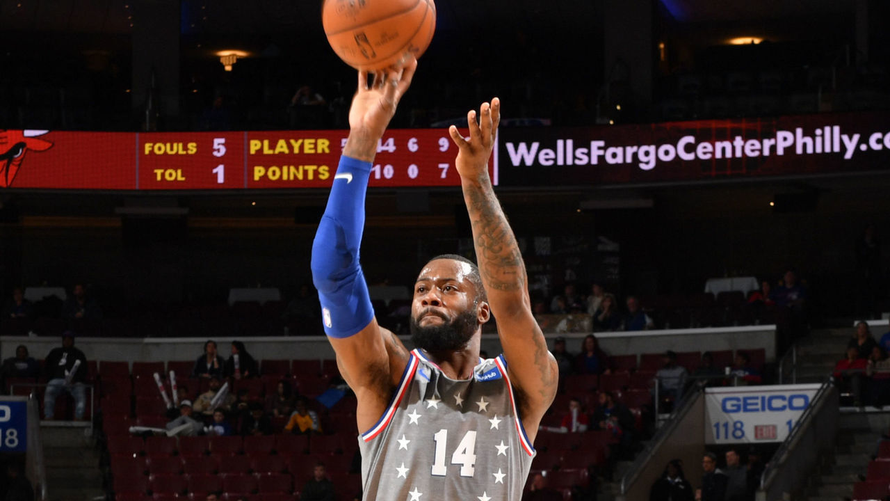 PHILADELPHIA, PA - APRIL 10: Jonathon Simmons #14 of the Philadelphia 76ers shoots a three-pointer against the Chicago Bulls on April 10, 2019 at the Wells Fargo Center in Philadelphia, Pennsylvania NOTE TO USER: User expressly acknowledges and agrees that, by downloading and/or using this Photograph, user is consenting to the terms and conditions of the Getty Images License Agreement. Mandatory Copyright Notice: Copyright 2019 NBAE