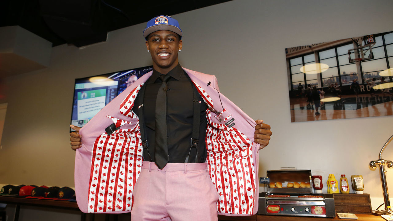 BROOKLYN, NY - JUNE 20: RJ Barrett poses for a photo after being selected third overall by the New York Knicks during the 2019 NBA Draft on June 20, 2019 at the Barclays Center in Brooklyn, New York. NOTE TO USER: User expressly acknowledges and agrees that, by downloading and/or using this photograph, user is consenting to the terms and conditions of the Getty Images License Agreement. Mandatory Copyright Notice: Copyright 2019 NBAE